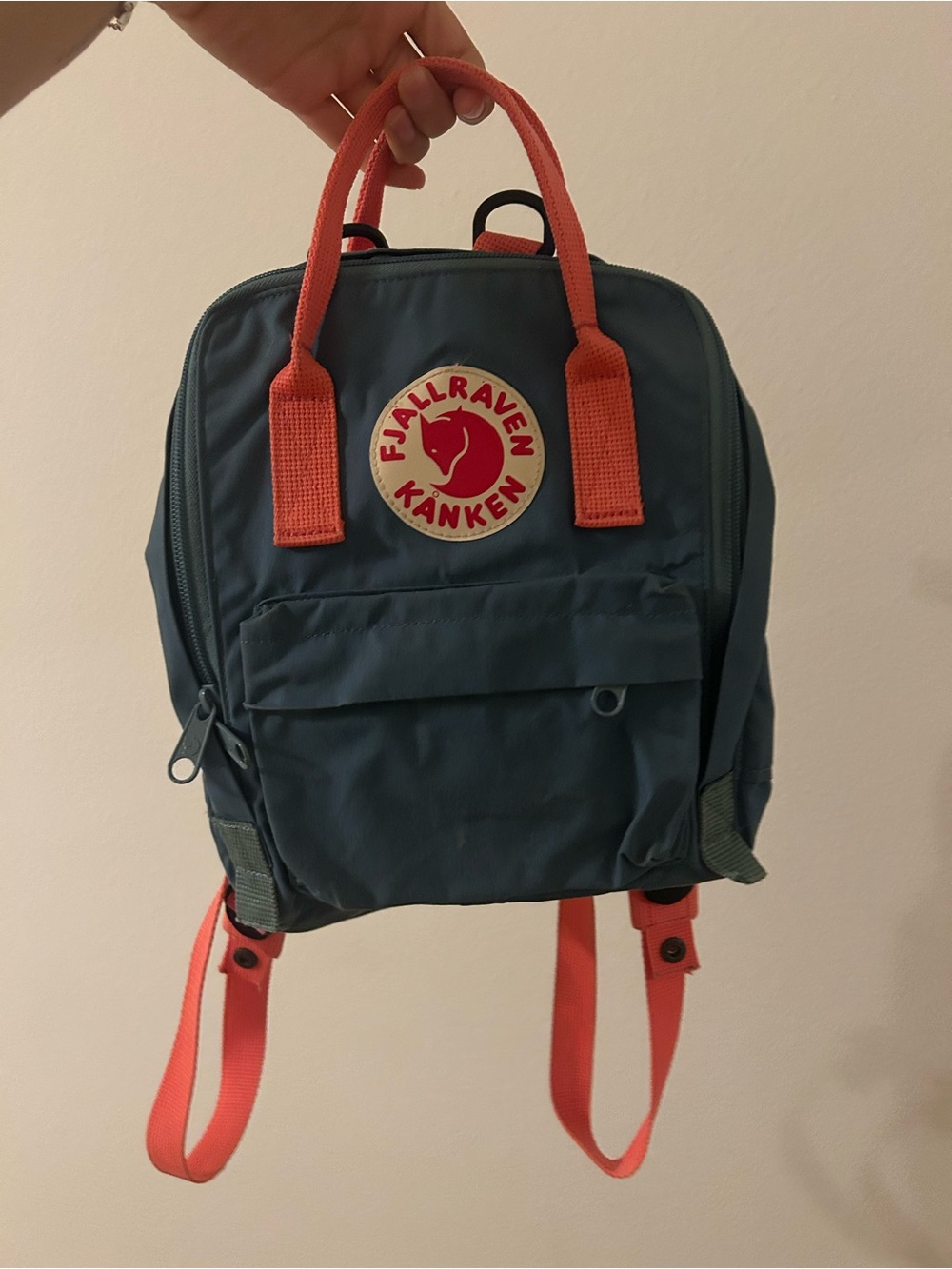 Fjallraven Kanken Mini Backpack in Teal with Coral Handles